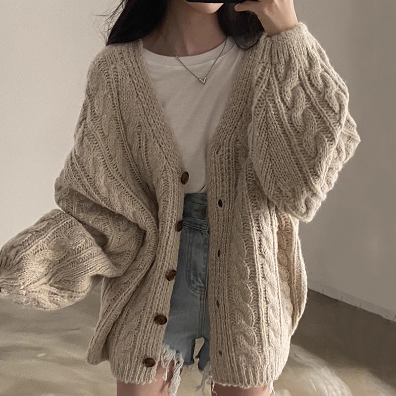 Women's Casual Loose-Fit Twist Knit Sweater Coat