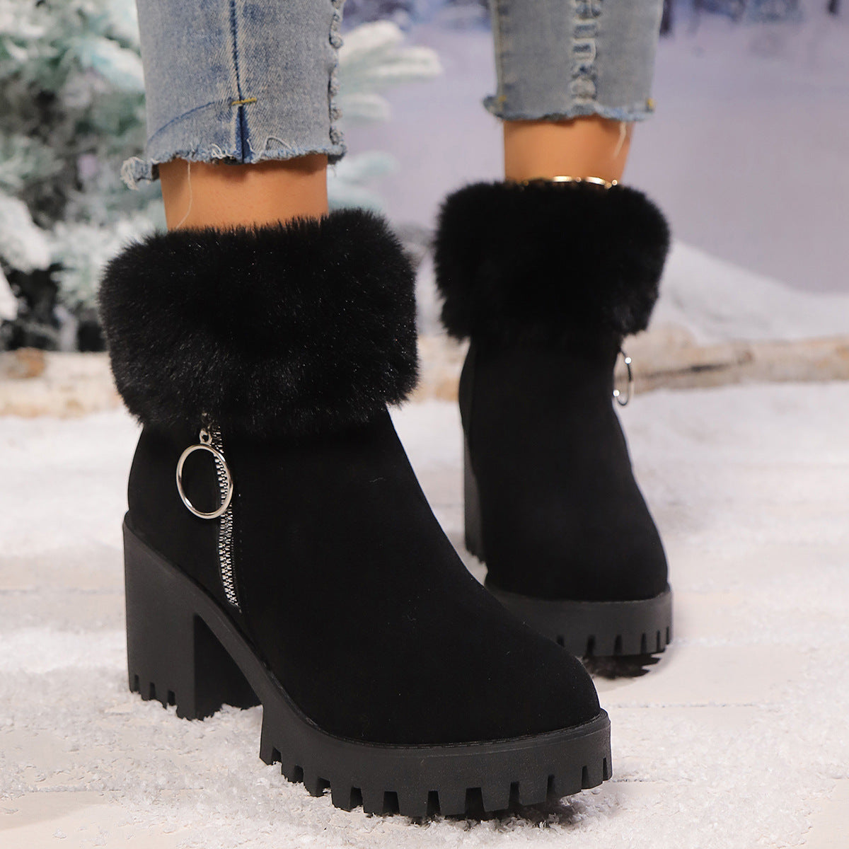 Women's Snow Velvet Thermal Thick-Heeled Short Boots – Winter Warm and Stylish Footwear