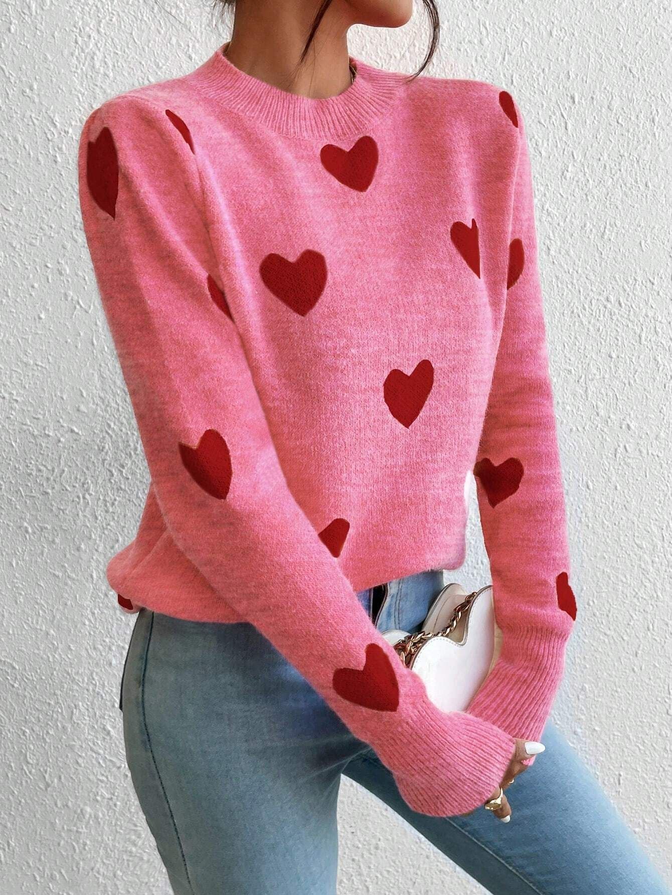 Leisure Heart Jacquard Long Sleeve Crew Neck Pullover Sweater for Women