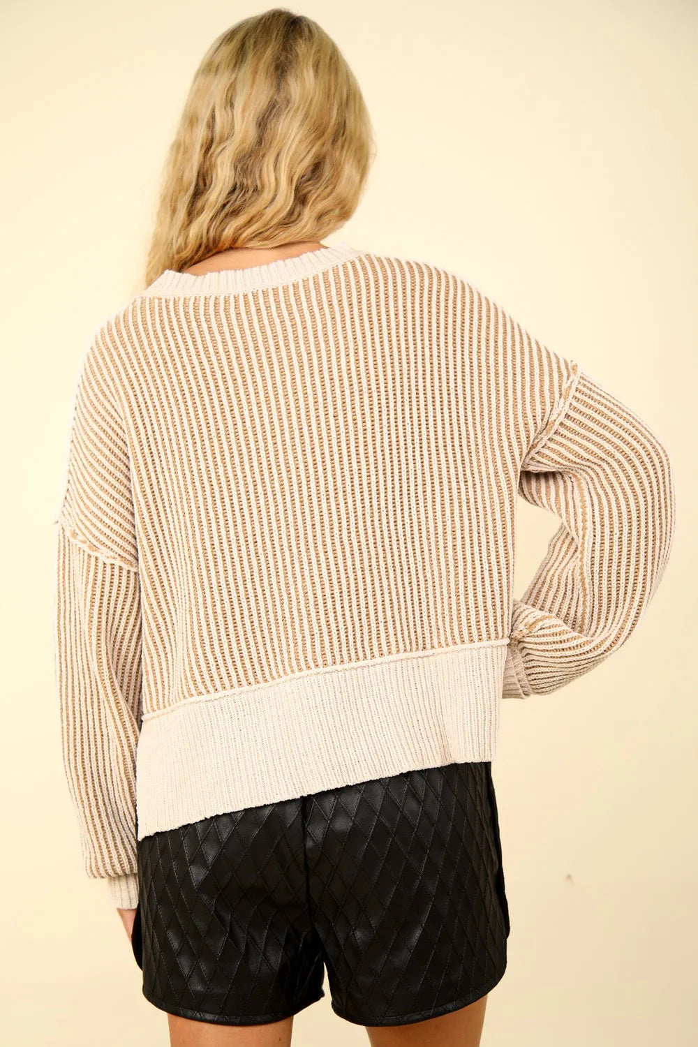 Exposed Seam Cropped Striped Sweater with Side Slits