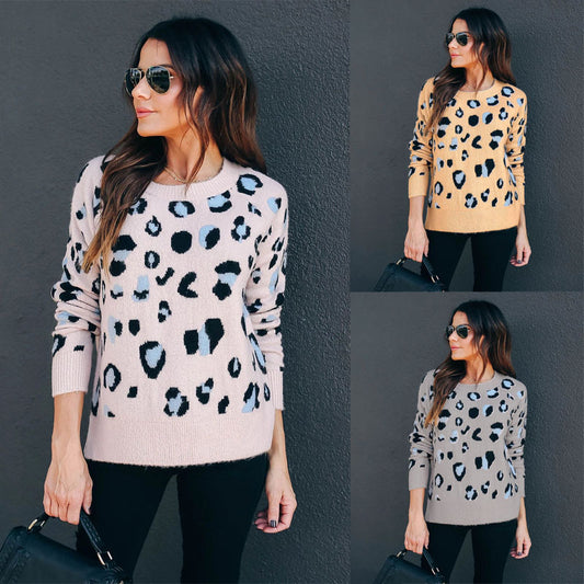 Plus Size Women's Leopard Print Knit Sweater – Base Layer Clothing