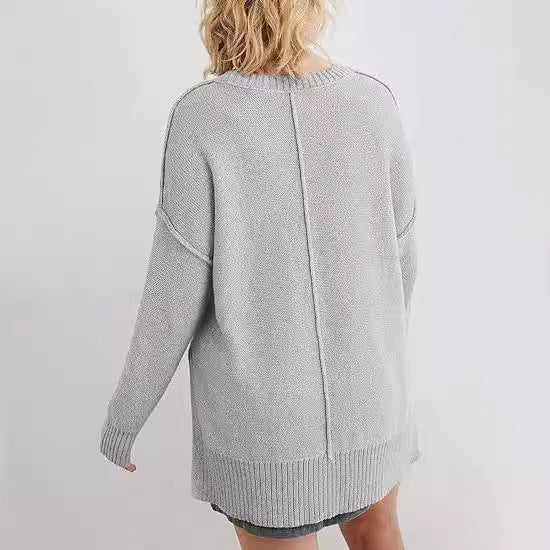 Women's Round Neck Sweater with Side Slits – Pullover Style