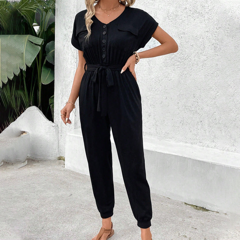 Black Short Sleeve Lace-Up Jumpsuit