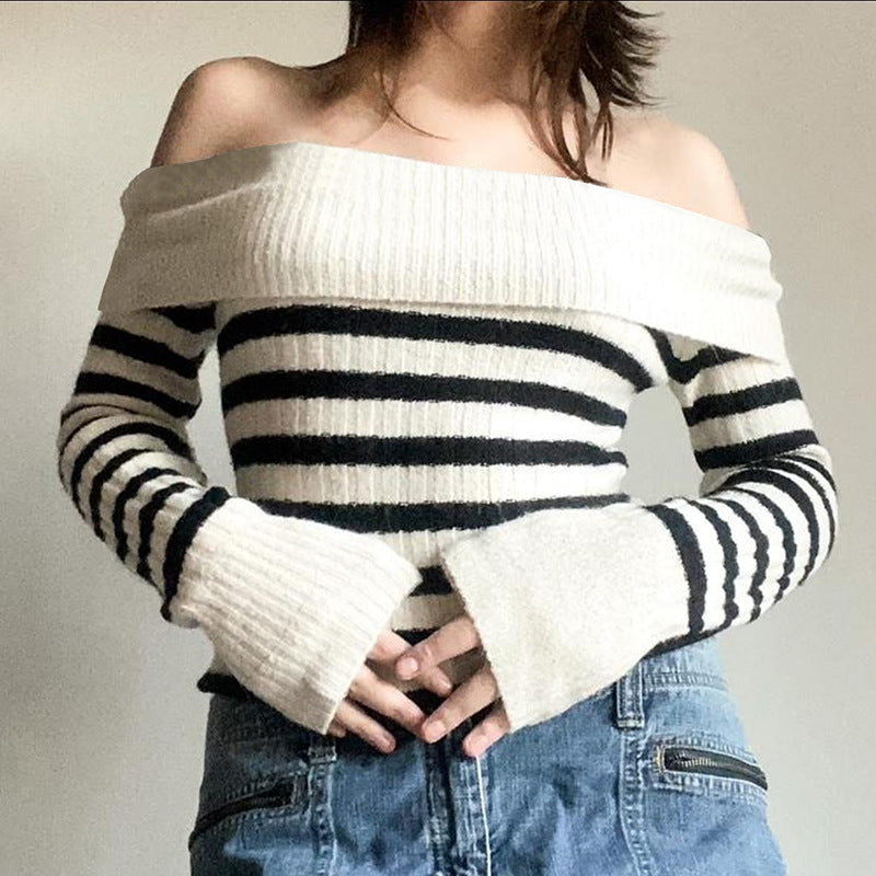 European and American Style Off-Shoulder Sweater with Contrast Color Stripes