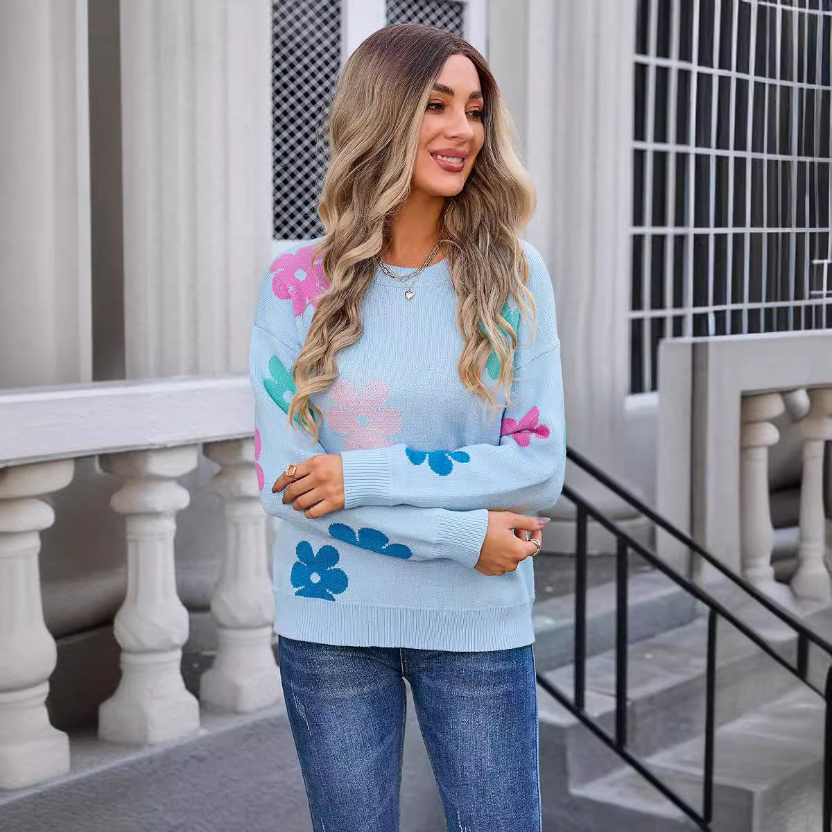 Women's Crew Neck Sweater - Floral Color-Block Design