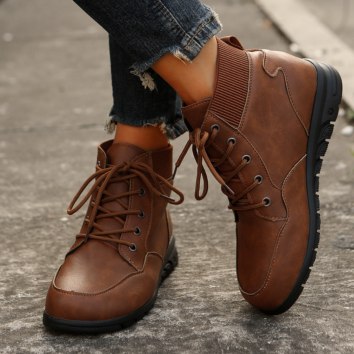 Women's Round-Toe Lace-Up Ankle Boots – Fall and Winter Fashion, Versatile Non-Slip Flat Shoes