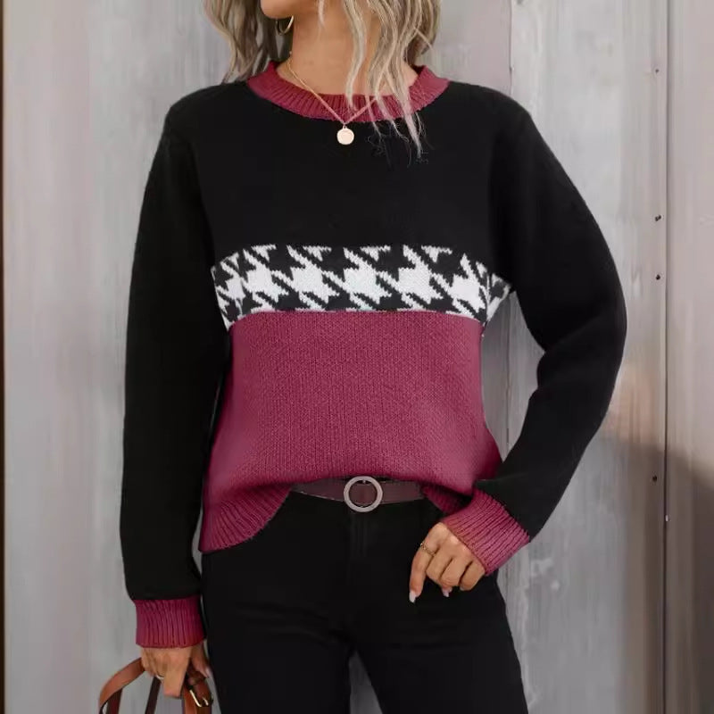 Fashionable Contrast Color Round Neck Knitted Sweater