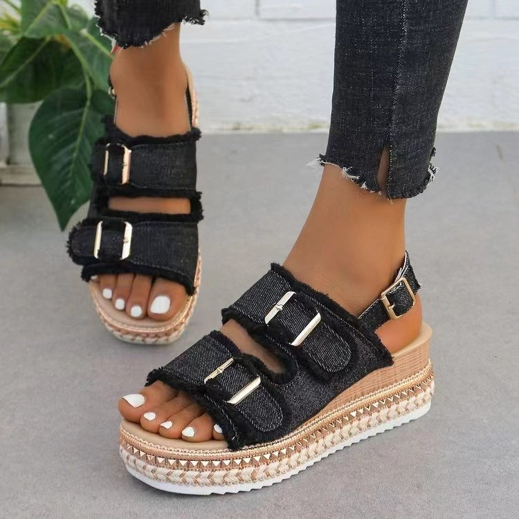 Retro Double Buckle Roman Sandals – Beach Style Slide Slippers