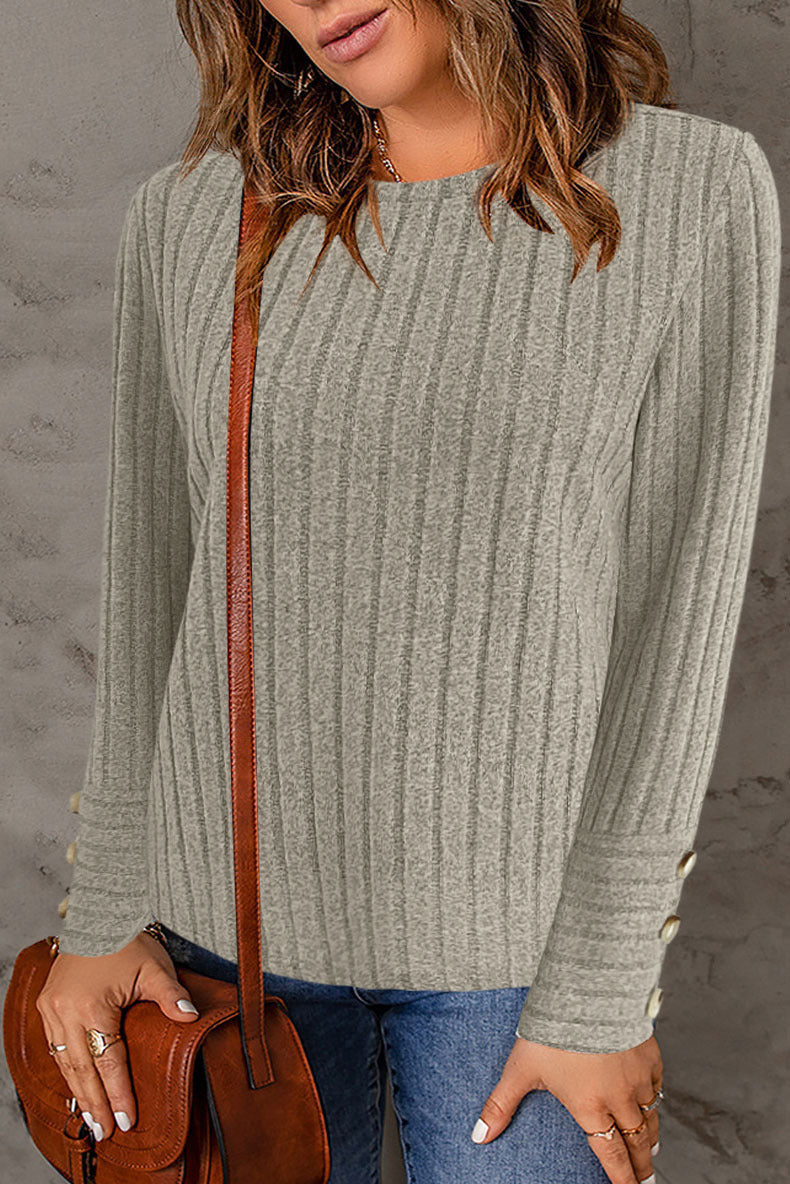 Pullover Round Neck Long Sleeve Top with Fashionable Button Detail