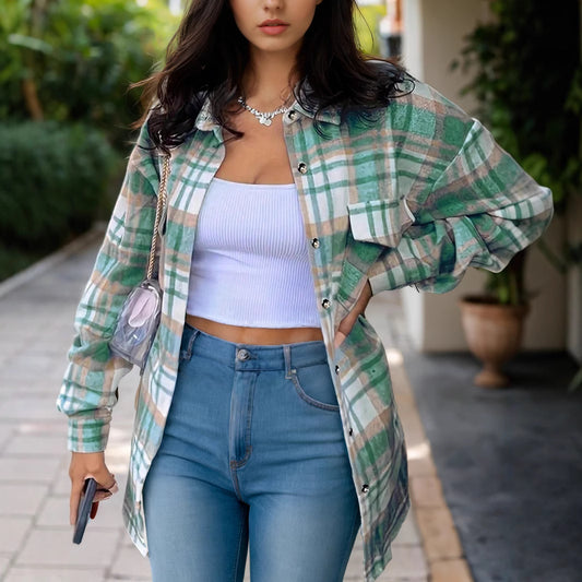 Women's Lapel Plaid Pocket Long Sleeve Shirt Jacket