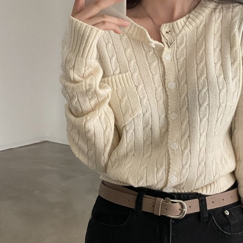 Korean Ins Style Casual Hemp Pattern Long Sleeve Knitted Sweater Cardigan