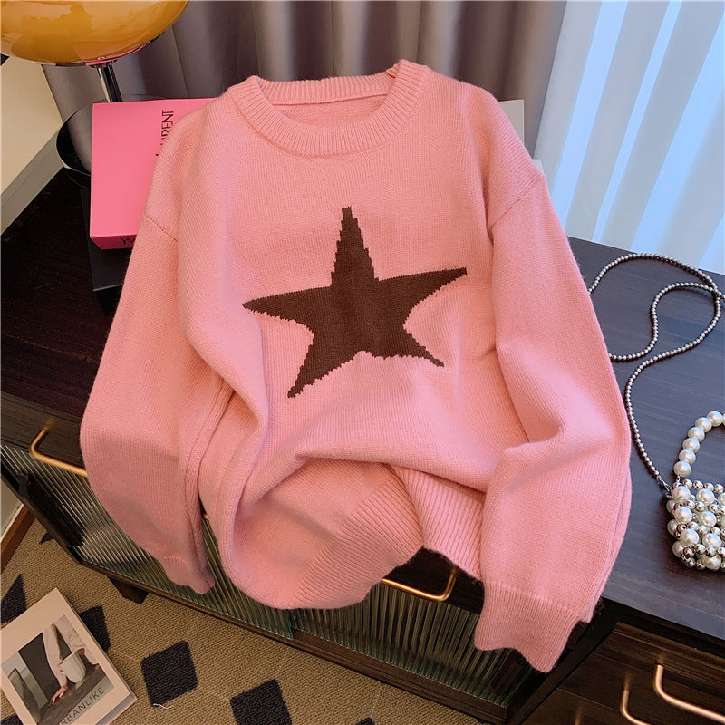 Idle Style Crew Neck Pullover Sweater with Five-Pointed Star Design