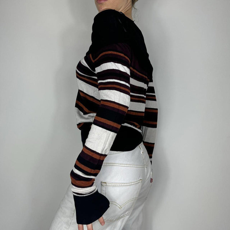 American-Style Casual Off-Shoulder Sweater with Contrast Color Stripes