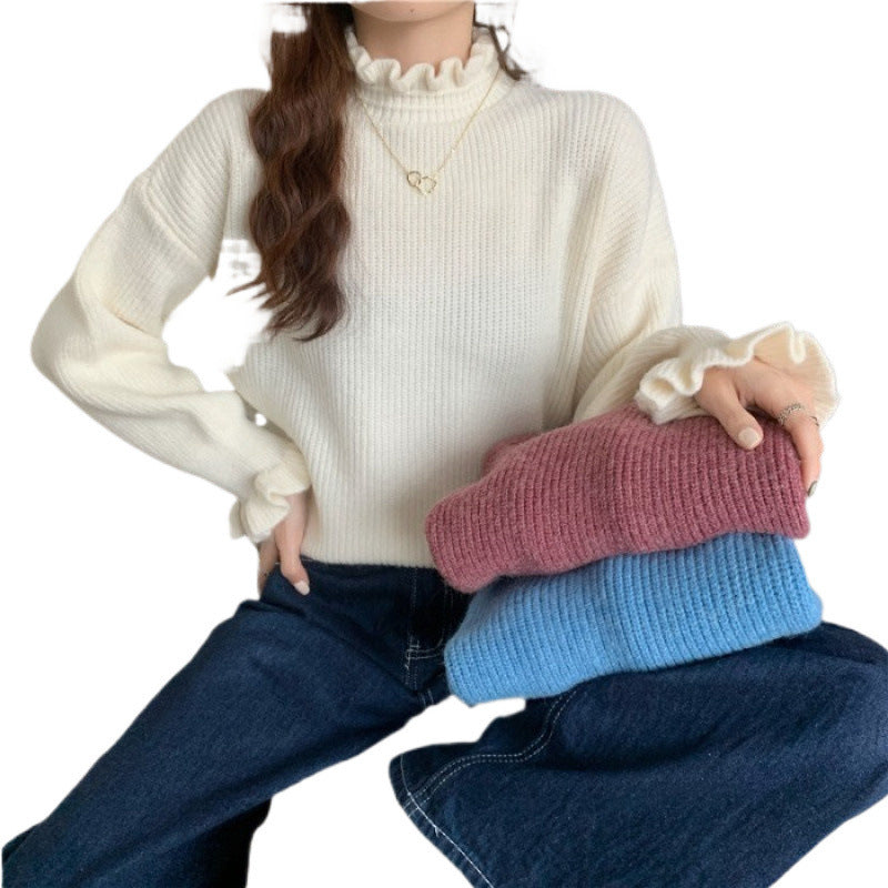 Red Wooden Ear Half Turtleneck High-Quality Sweater