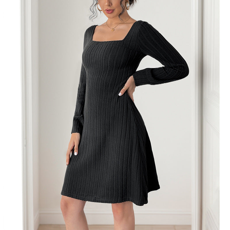 Brushed Sunken Stripe Long-Sleeve Dress with Split V-Neck