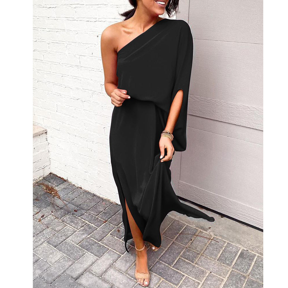 Summer Supply Casual Elegant Women's Clothing Oblique Shoulder Diagonal Collar Asymmetric Skirt Dress