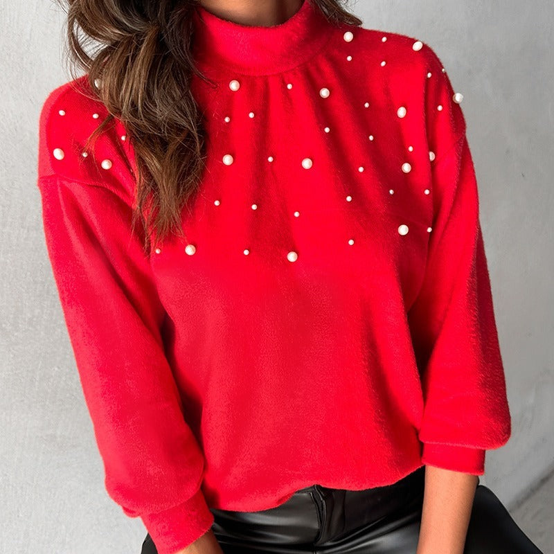 Women's Beaded Turtleneck Long-Sleeve Top - European & American Style