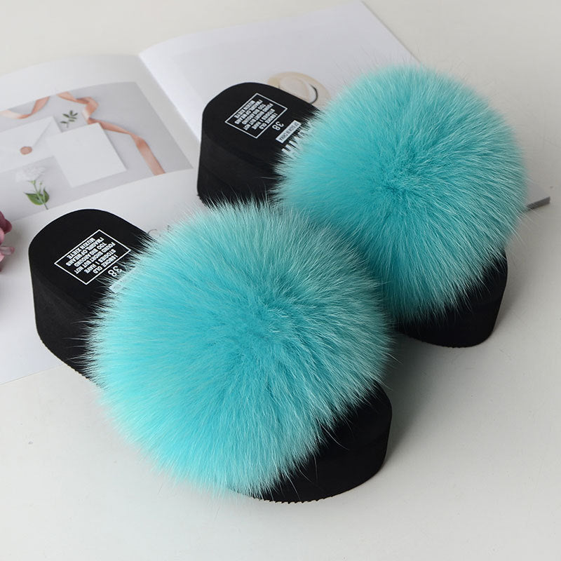 New Fox Fur Women Sandals Height Increasing Casual