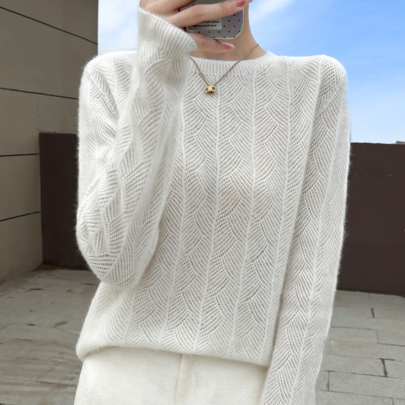 Women's Pure Wool Hollow-Out Round Neck Sweater