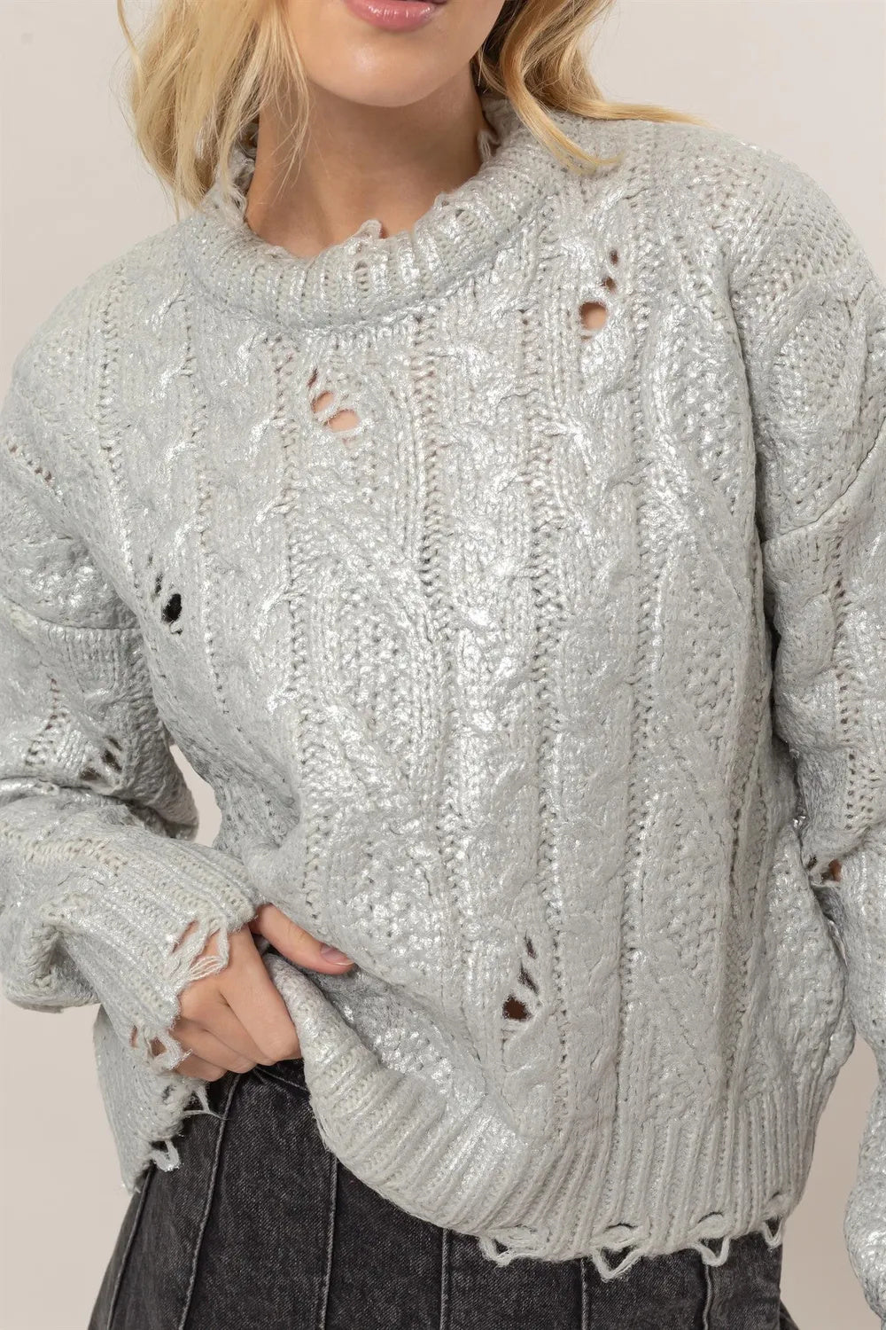 Distressed Cable-Knit Round Neck Long Sleeve Sweater for Women