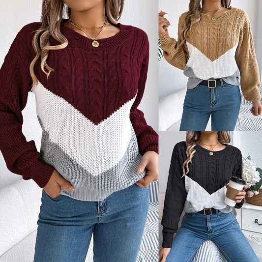 Color-Blocked Twist Lantern Sleeve Knitted Pullover Sweater