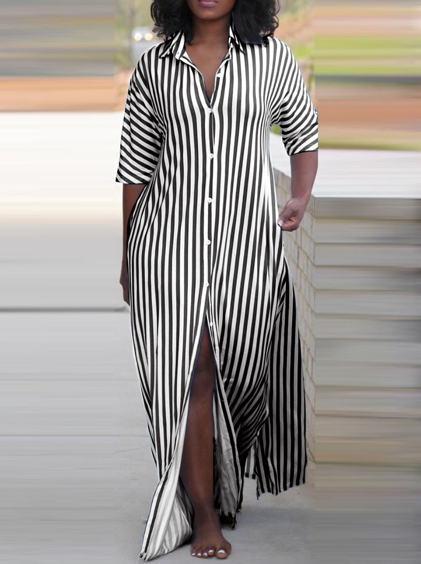 Women's Loose V-Neck Long Striped Shirt Dress