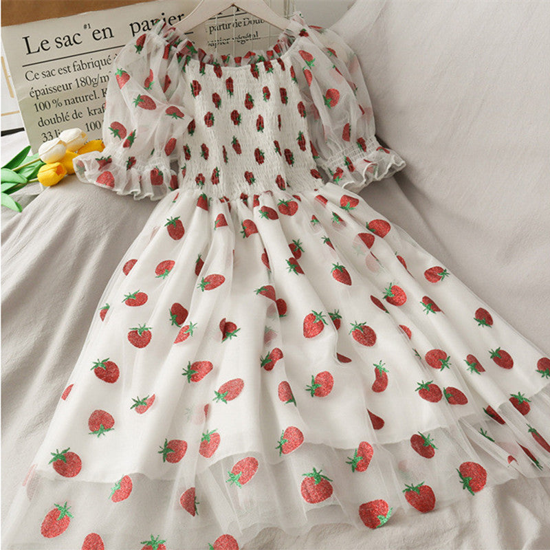 Super Fairy Sequined Strawberry Print High Waist Mid-length Mesh Skirt