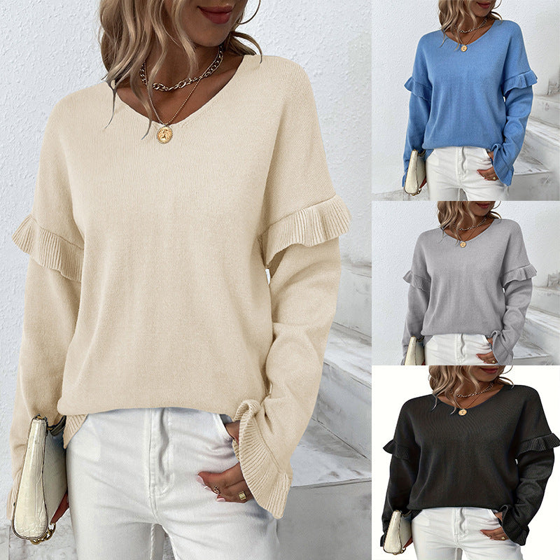 Solid Color V-Neck Sweater for Women with Petal Sleeves