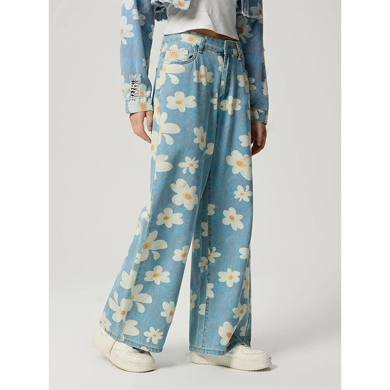 Vintage Floral Print Straight-leg Jeans