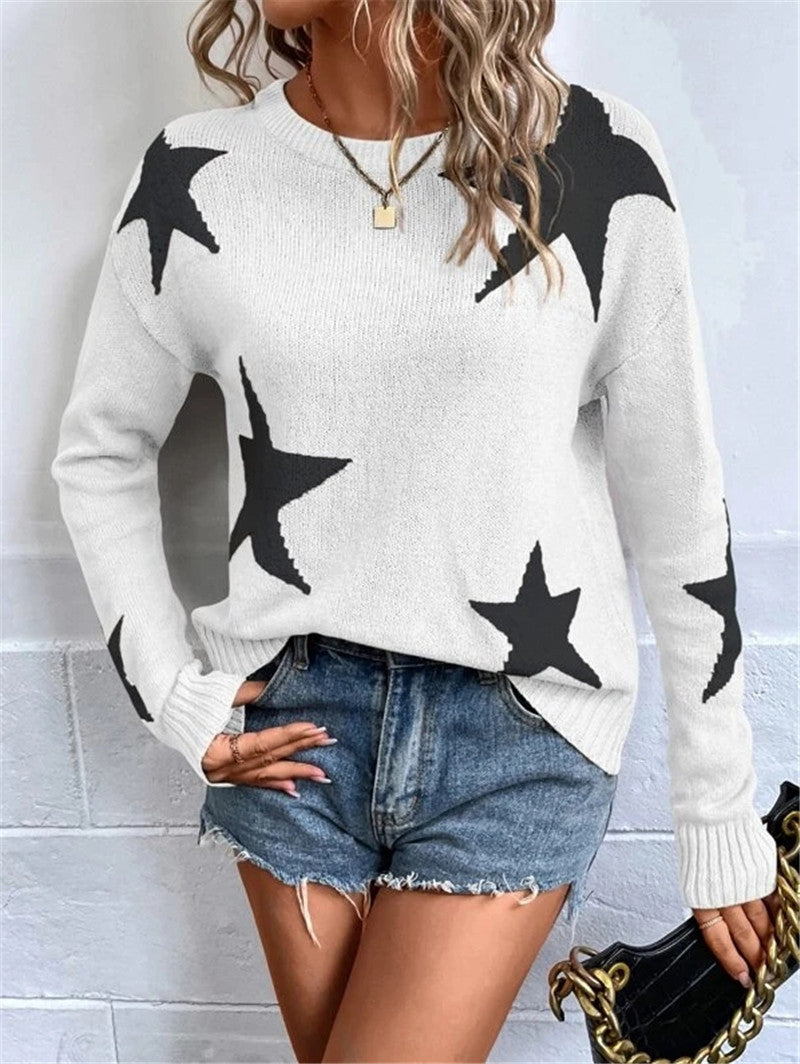 Loose-Fit Round Neck Pullover Sweater with Pattern, Long Sleeves