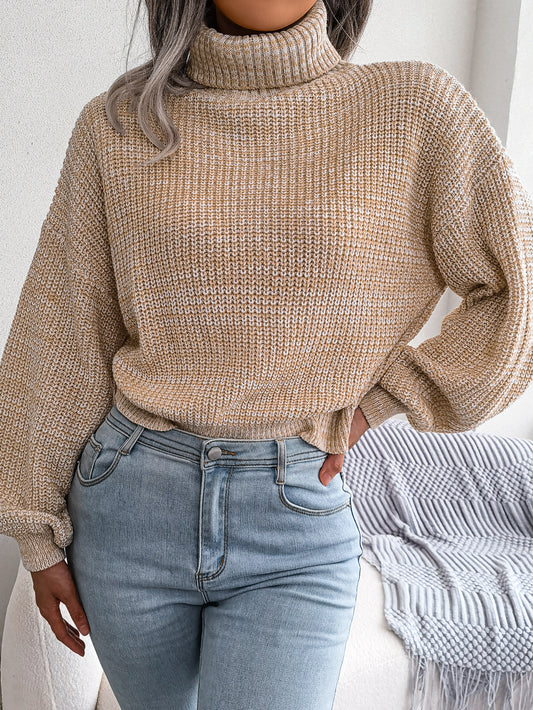 Women Mixed Color Lantern Sleeve Turtleneck Knit Sweater