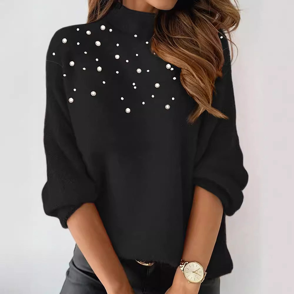 Women's Beaded Turtleneck Long-Sleeve Top - European & American Style