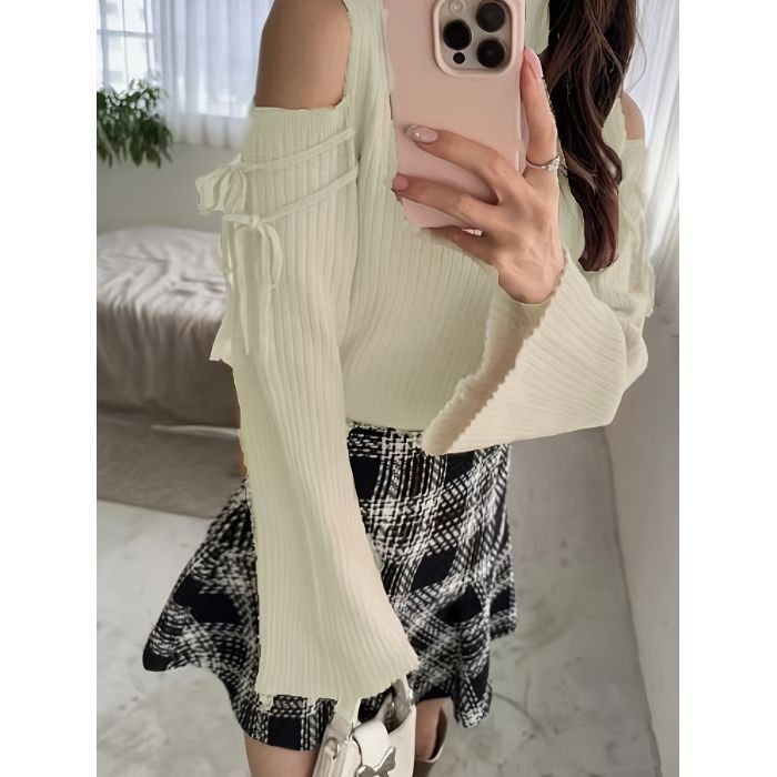 Lace-Up Turtleneck Off-the-Shoulder Sweater with Tie-Neck and Flared Sleeves