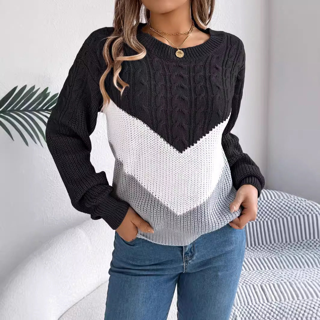 Color-Blocked Twist Lantern Sleeve Knitted Pullover Sweater