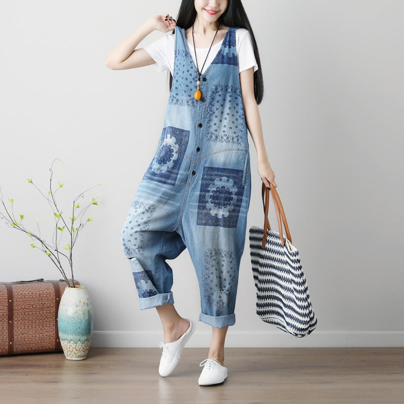 Sleeveless Plus Size Washed Printed Ripped Denim Overalls