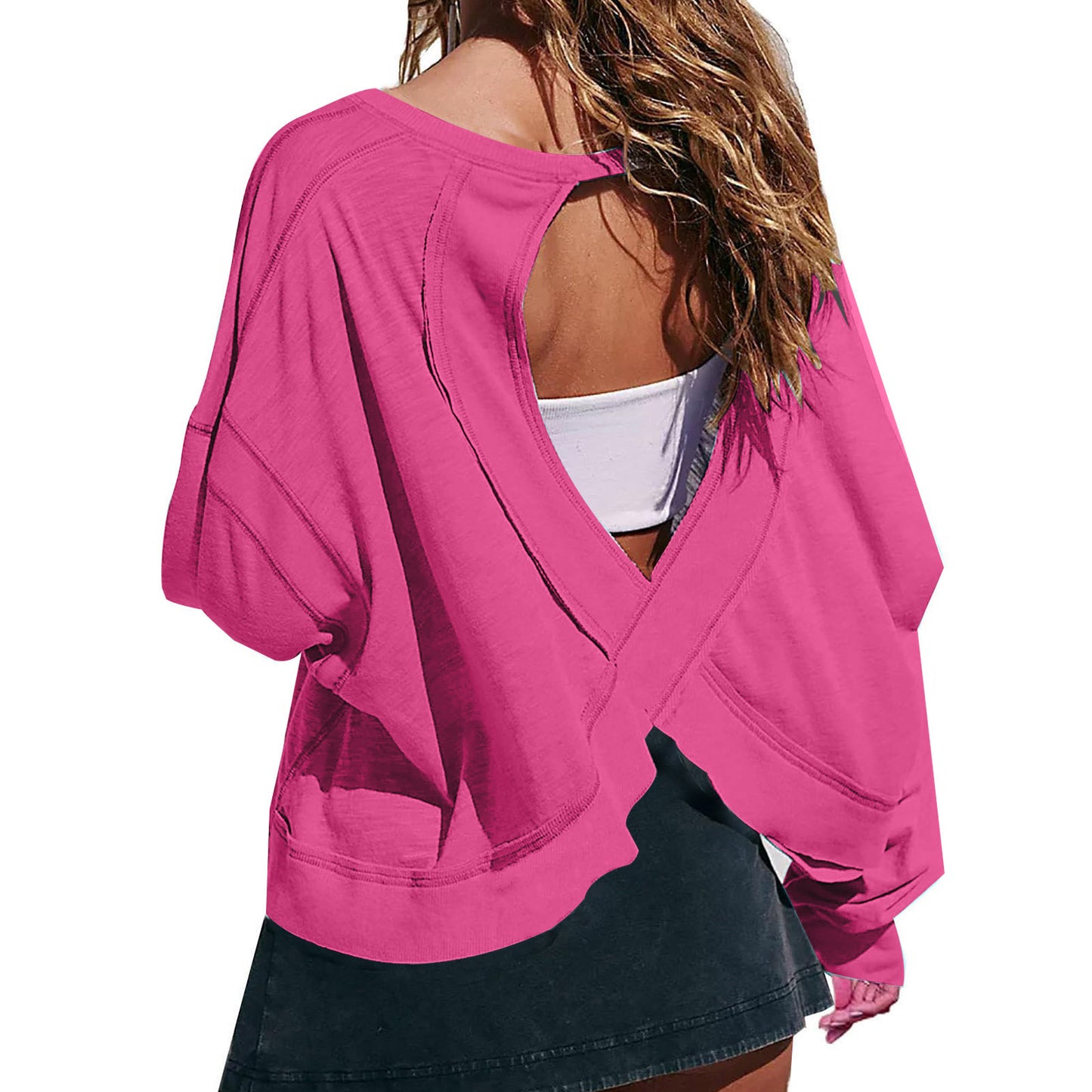 Women's Loose Long Sleeve Backless Hollow-Out Top – Stylish and Trendy