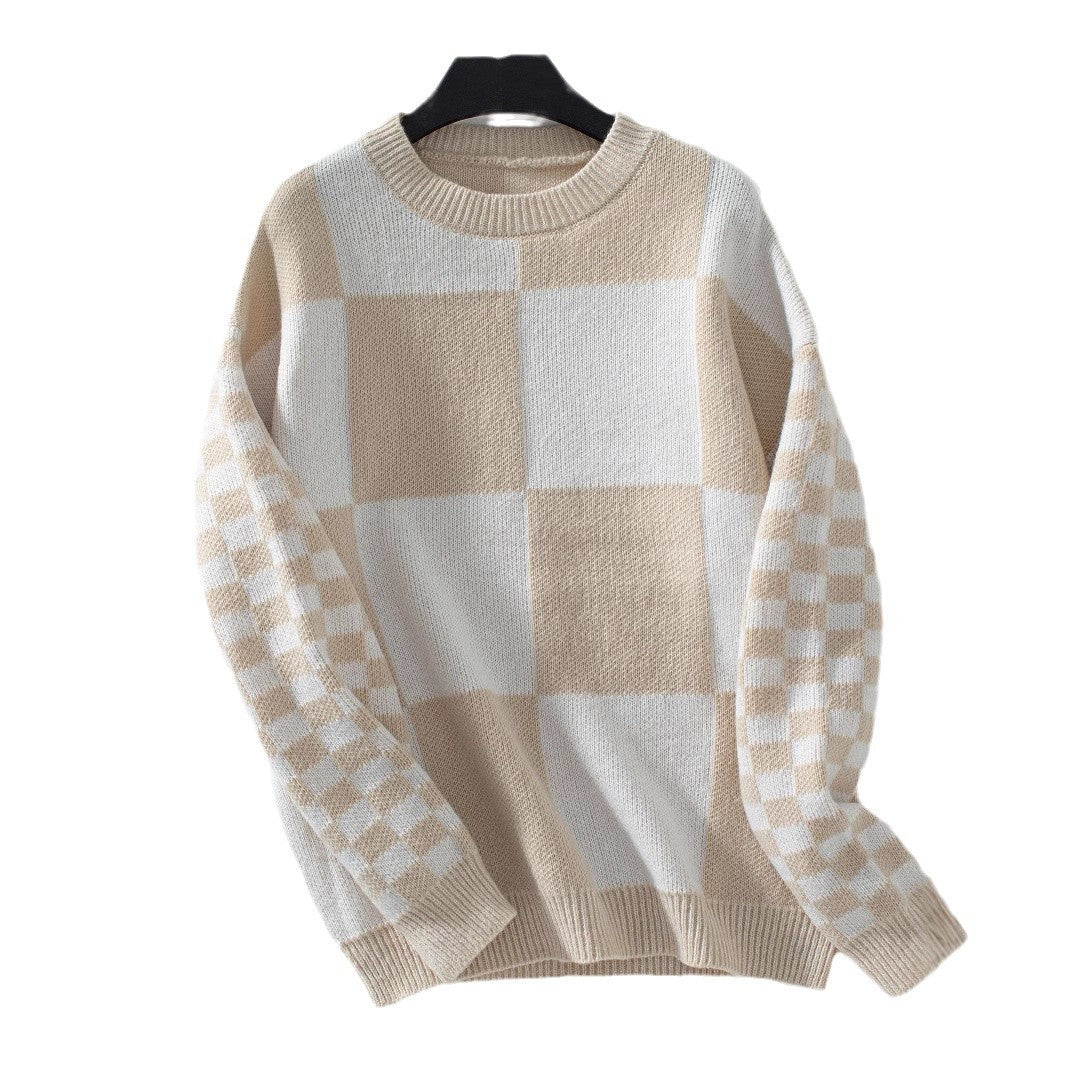 New Autumn Personality Slim Fit Color-Blocking Plaid Knitted Sweater