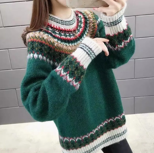 Women's Loose Vintage Jacquard Knit Sweater – Stylish Outerwear Top