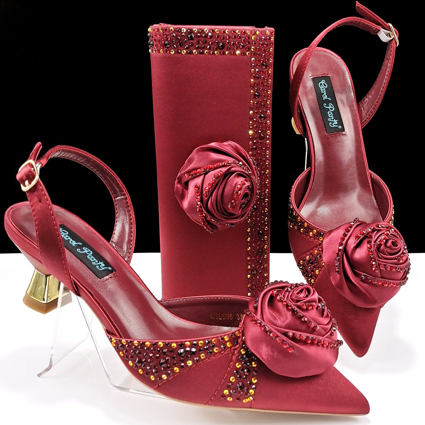 Women's Handmade Flower-Decorated Shoes and Bag Set – High-Temperature Rhinestone Satin High Heels