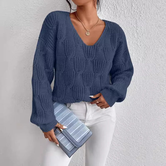 Loose-Fit V-Neck Solid Color Knit Pullover Sweater - Casual and Cozy Style