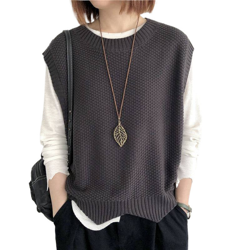 Women's Knitted Vest – Solid Color, Loose Round Neck, Irregular Pullover Short Crop Top Outerwear