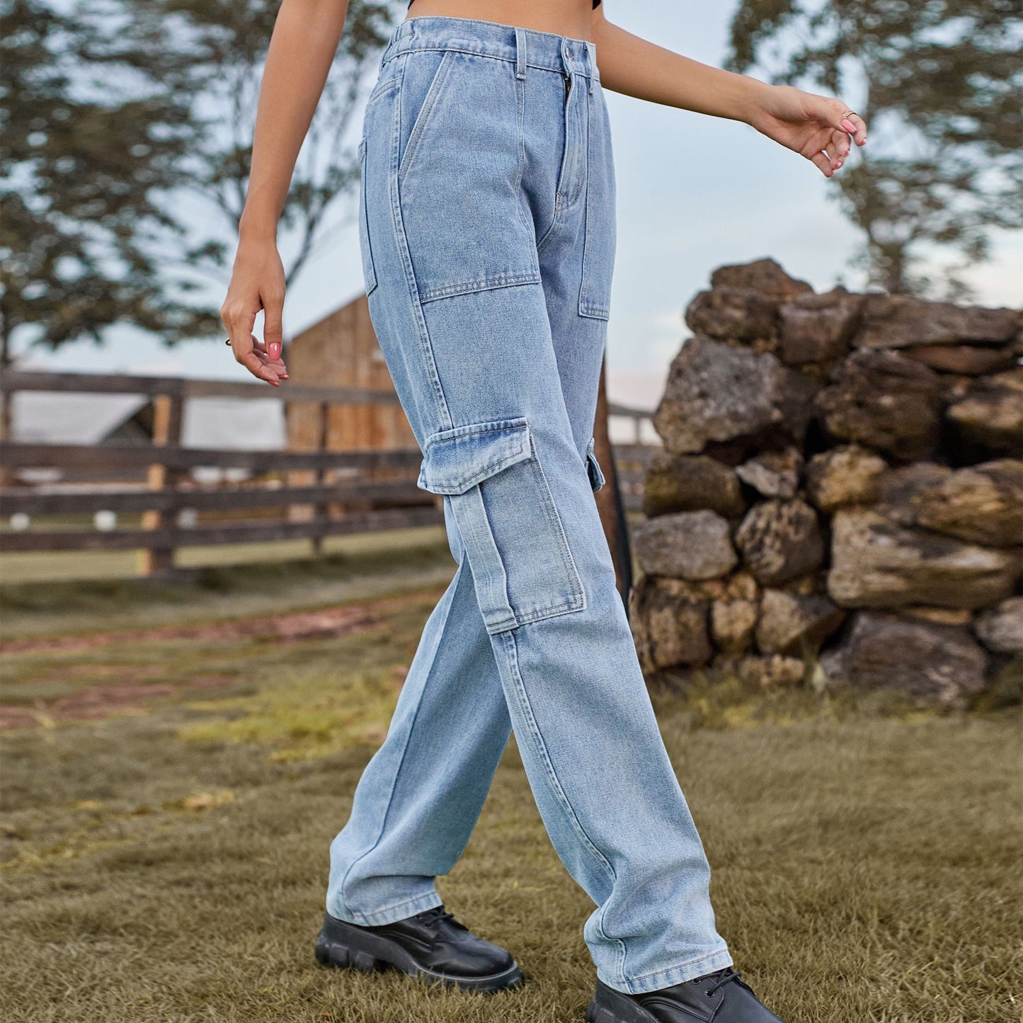 Retro Washed Jeans with Half Elastic Waist for Women