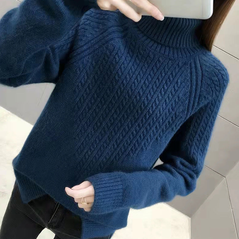 Women's Loose Fit Solid Color Twist Knit High Collar Sweater