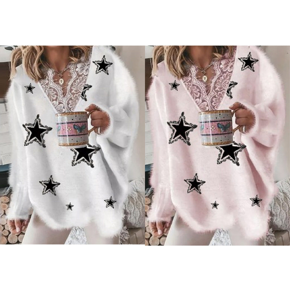 Women's Fashion V-Neck Lace Pentagram Print Knitted Jacket