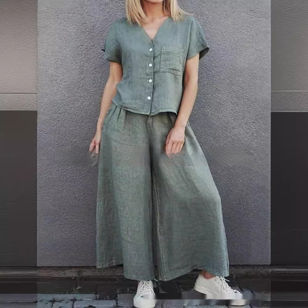 Women's Solid Color Short-sleeve Shirt and Wide-leg Pants Set