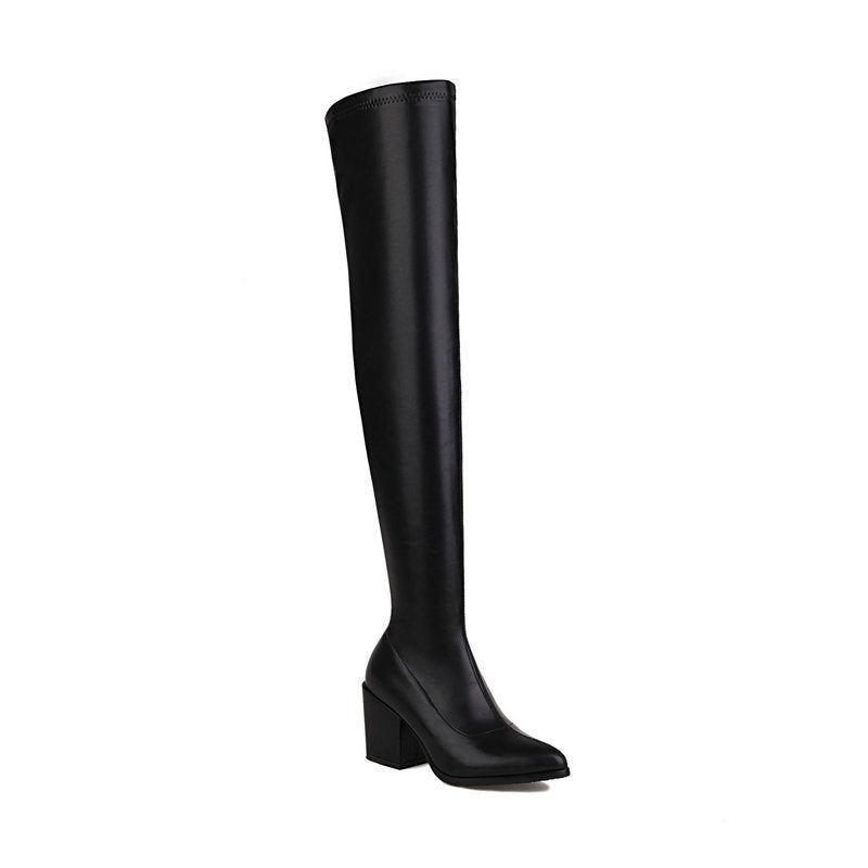 Over-the-Knee Korean Style Slimming High Leg Boots – Thick Chunky Heel, Pointed Toe, Elastic Fit