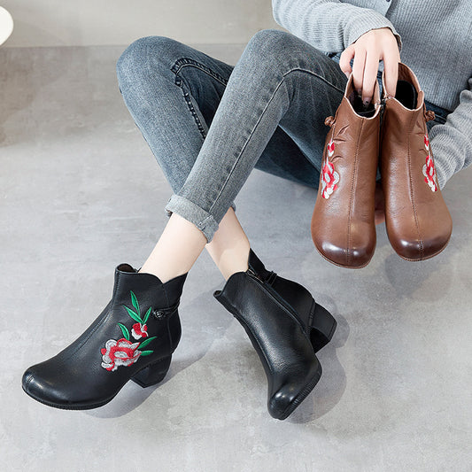 Fashionable Ethnic Style Martin Boots with Embroidery, Comfortable Cotton, and Thick Heels