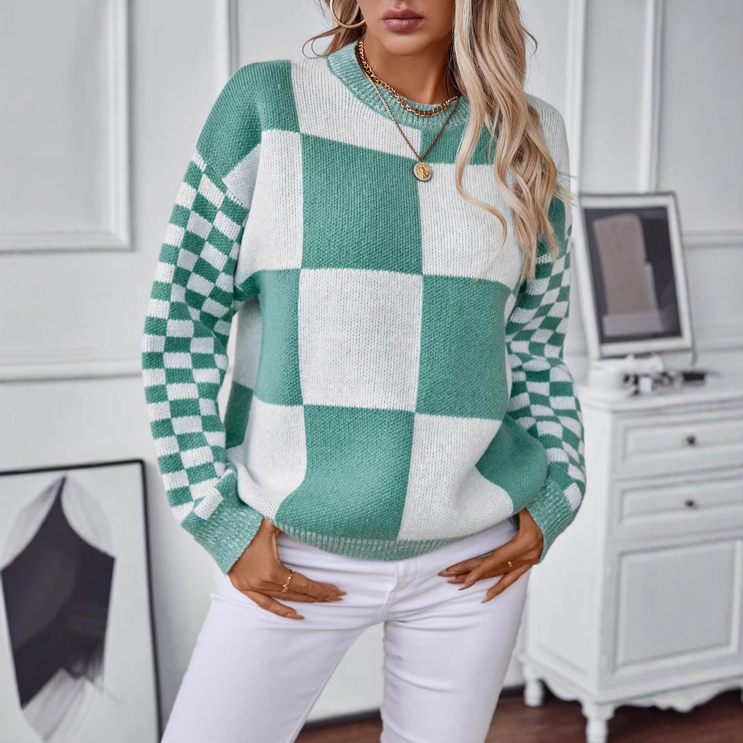 New Autumn Personality Slim Fit Color-Blocking Plaid Knitted Sweater