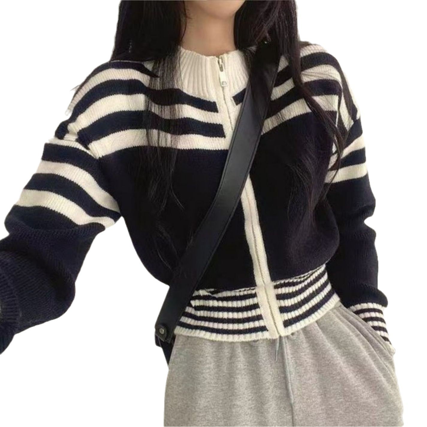 Short Striped Sweater Coat – Long Sleeve Casual Style