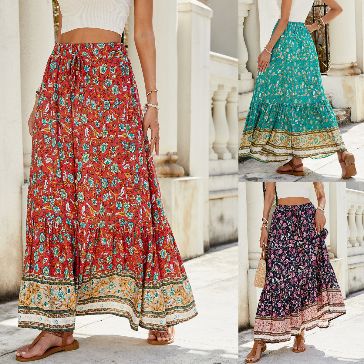 Women's Rayon Printed Split Skirt – Buttoned Design for Seaside Holiday and Beachwear